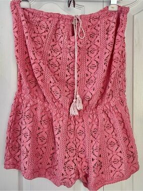 Y2K Women’s Lagaci Swimsuit Cover Up  Crochet Sleeveless Romper Pink XL